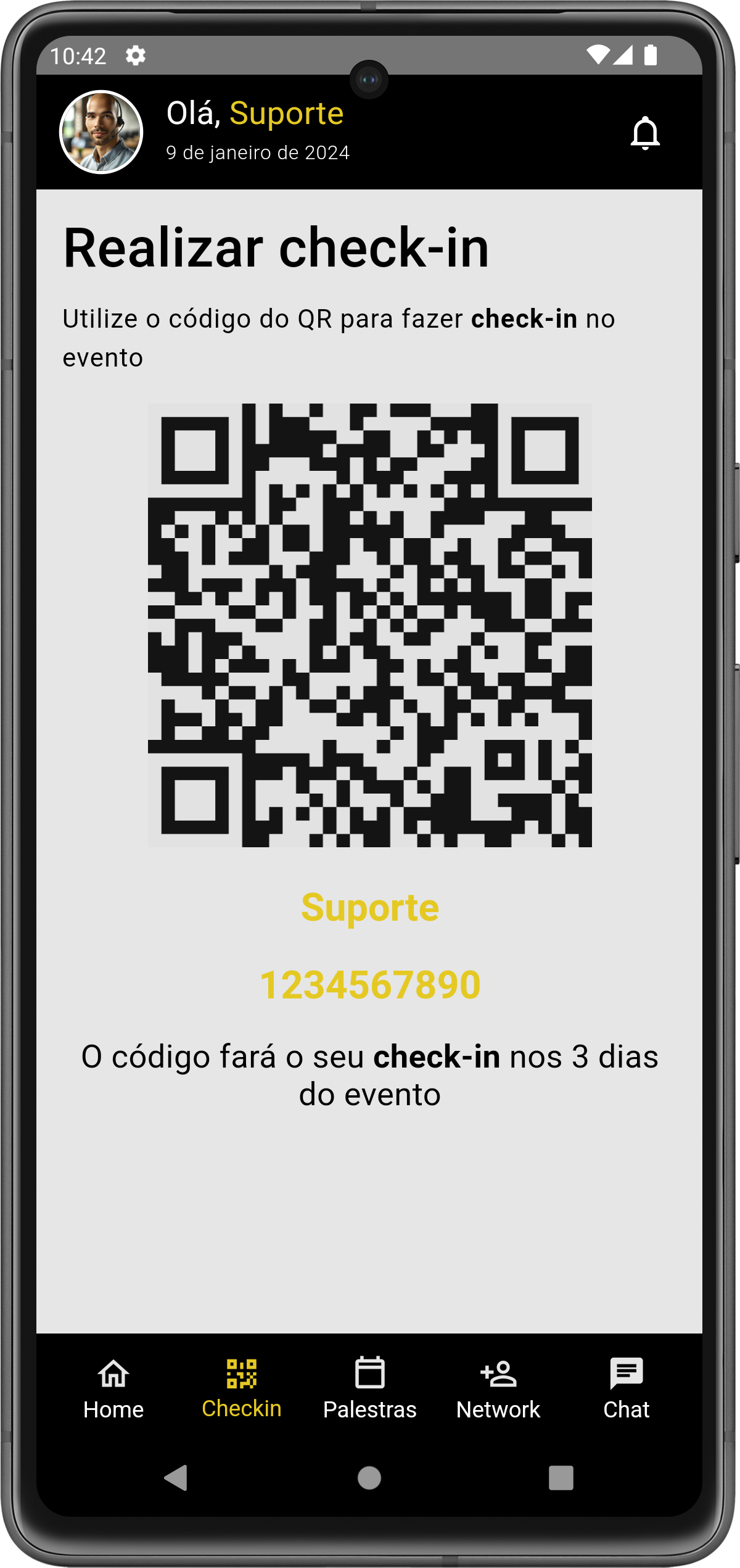 Image do app no celular com a tela de checkin