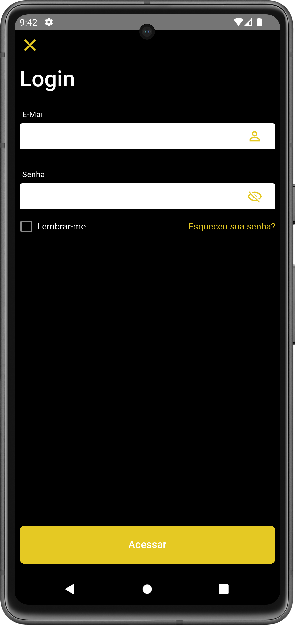 Imagem do app no celular com a tela de login