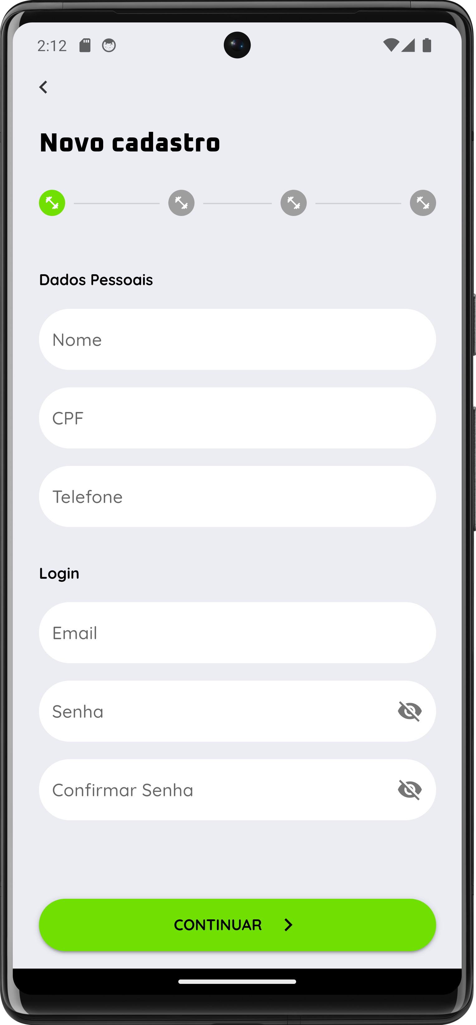 Imagem do app no celular com a tela de cadastro