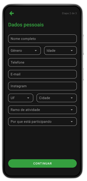 Imagens do aplicativo no celular com telas de cadastro