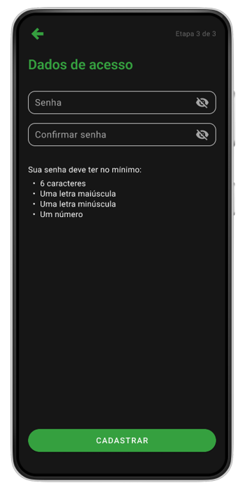 Imagens do aplicativo no celular com telas de cadastro