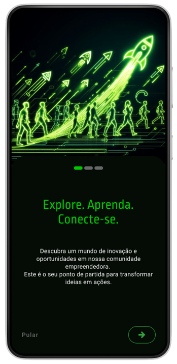 Image do app no celular com a tela com uma imagem de pessoas e foguetes verdes