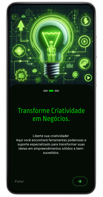 Image do app no celular com a tela com uma imagem de uma lampada verde