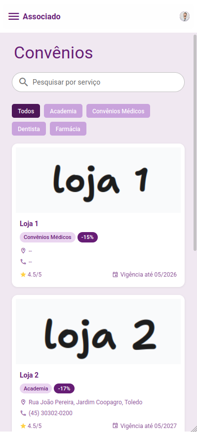 Tela de convênios e parceiros