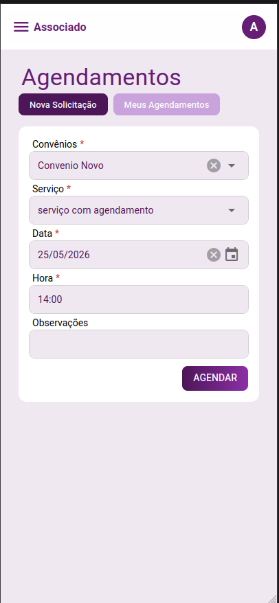 Tela de nova solicitação de agendamento preenchida