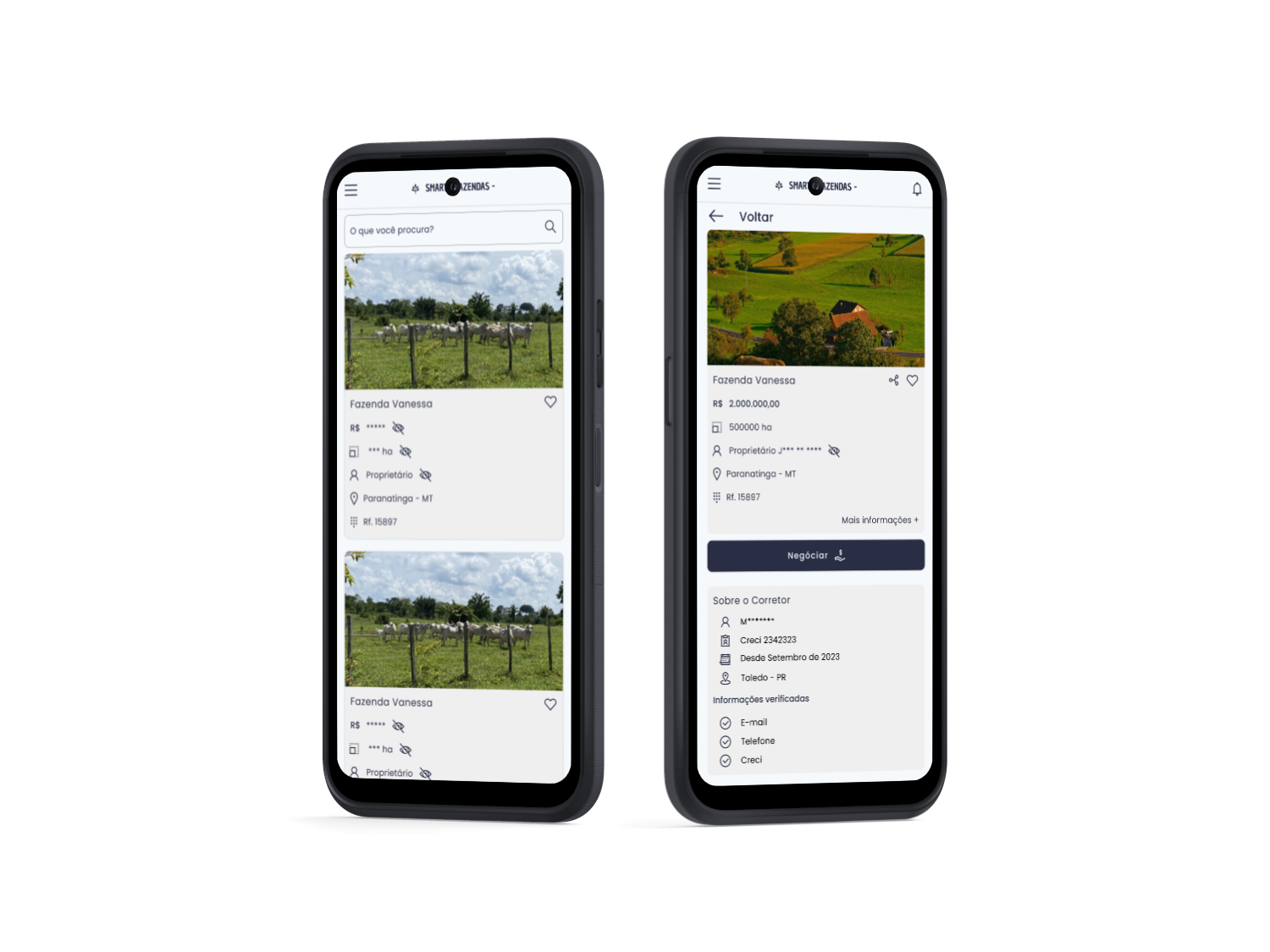 Image do app no celular com os anuncios de terreno e mais informações de um terreno