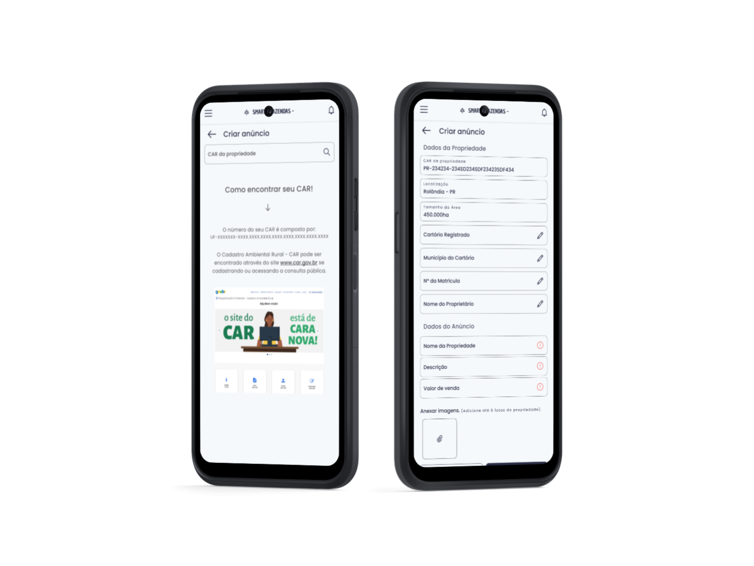 Image do app no celular com as telas de criação de anuncio