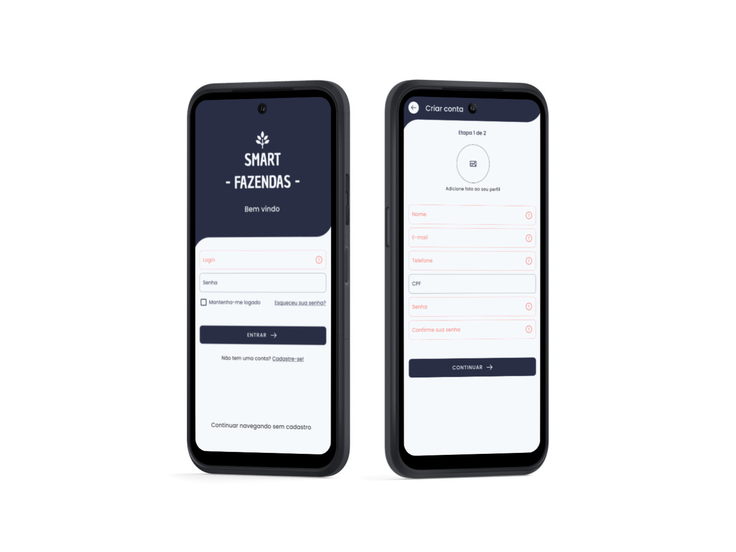 Image do app no celular com as telas de login e cadastro