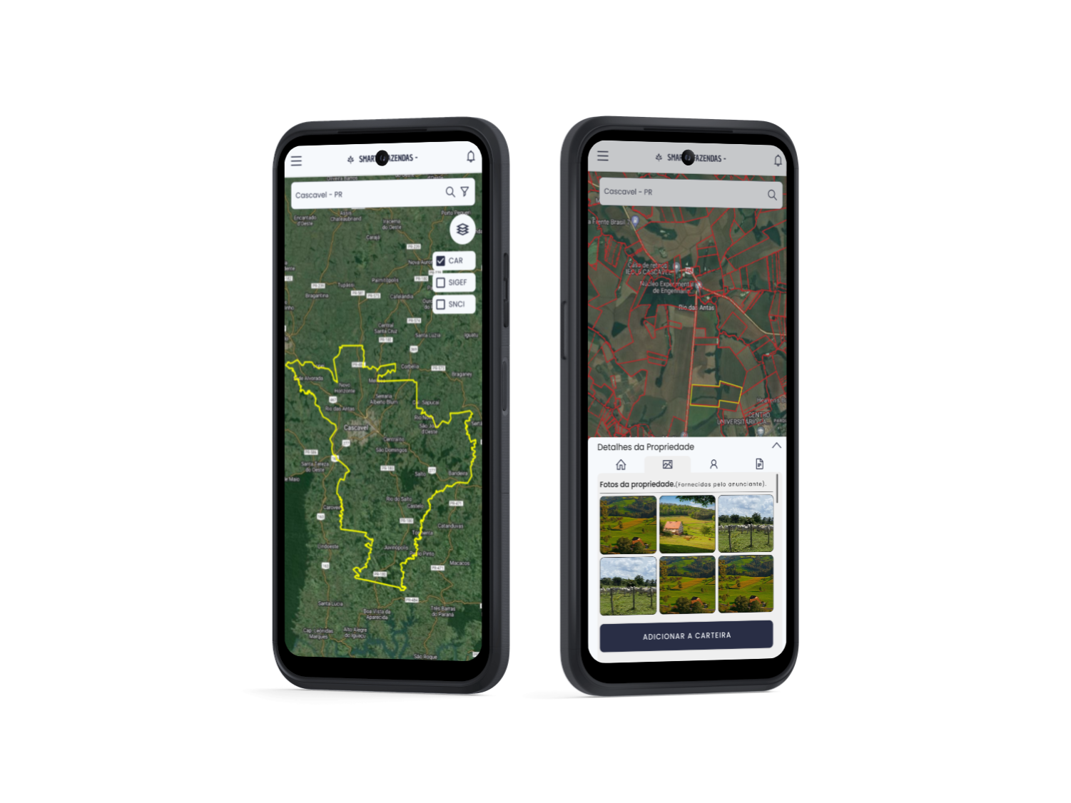 Image do app no celular com as telas de visualização de terreno no mapa